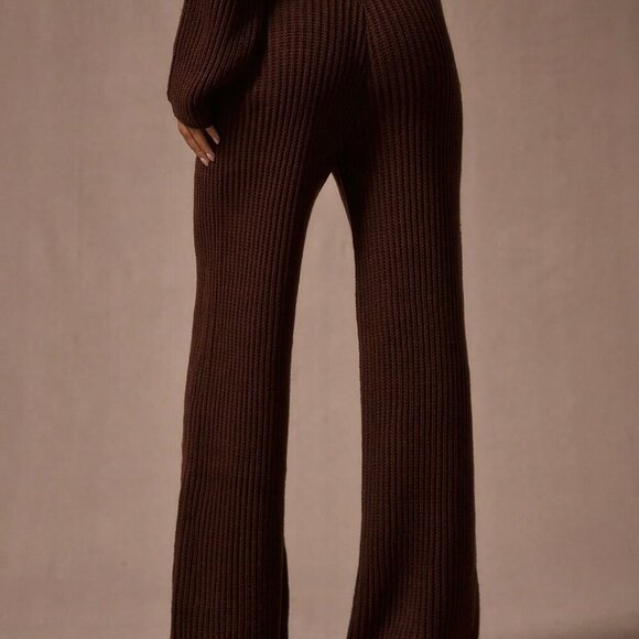 Chocolate Brown Casual Women's Wide Leg Chunky Knit Sweater Trousers - Picture 4 of 5